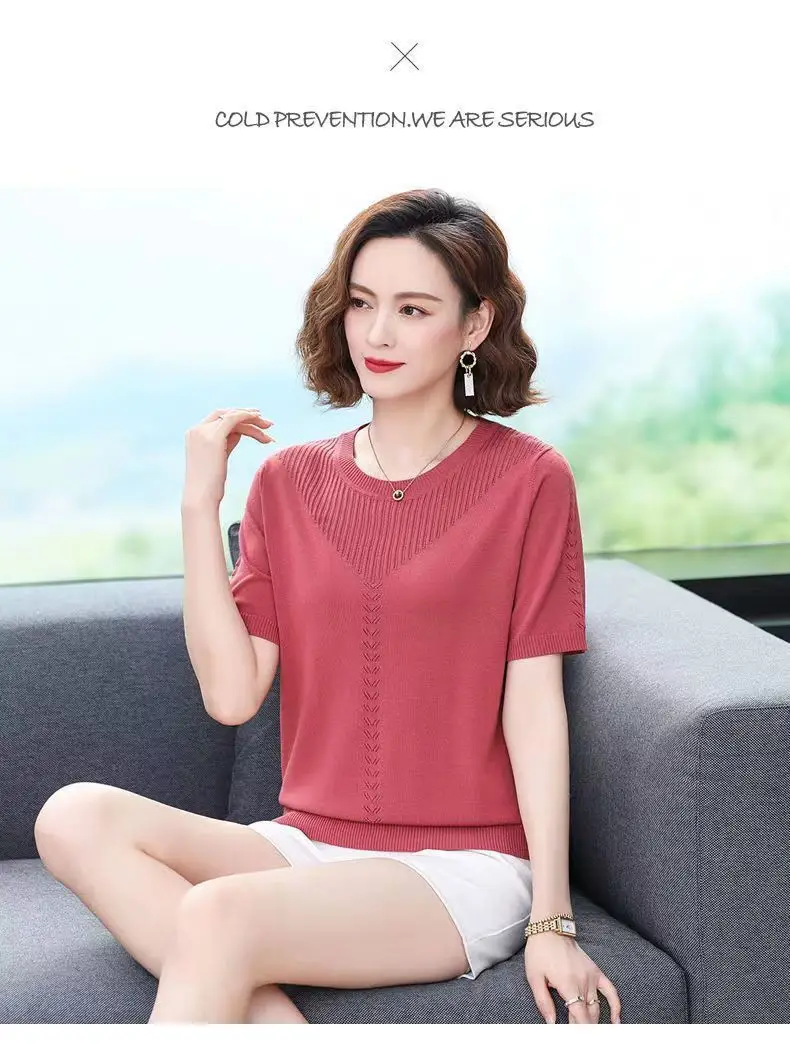 Women Summer Hollow Ice Silk T-Shirt Blue Round Neck — feature 21