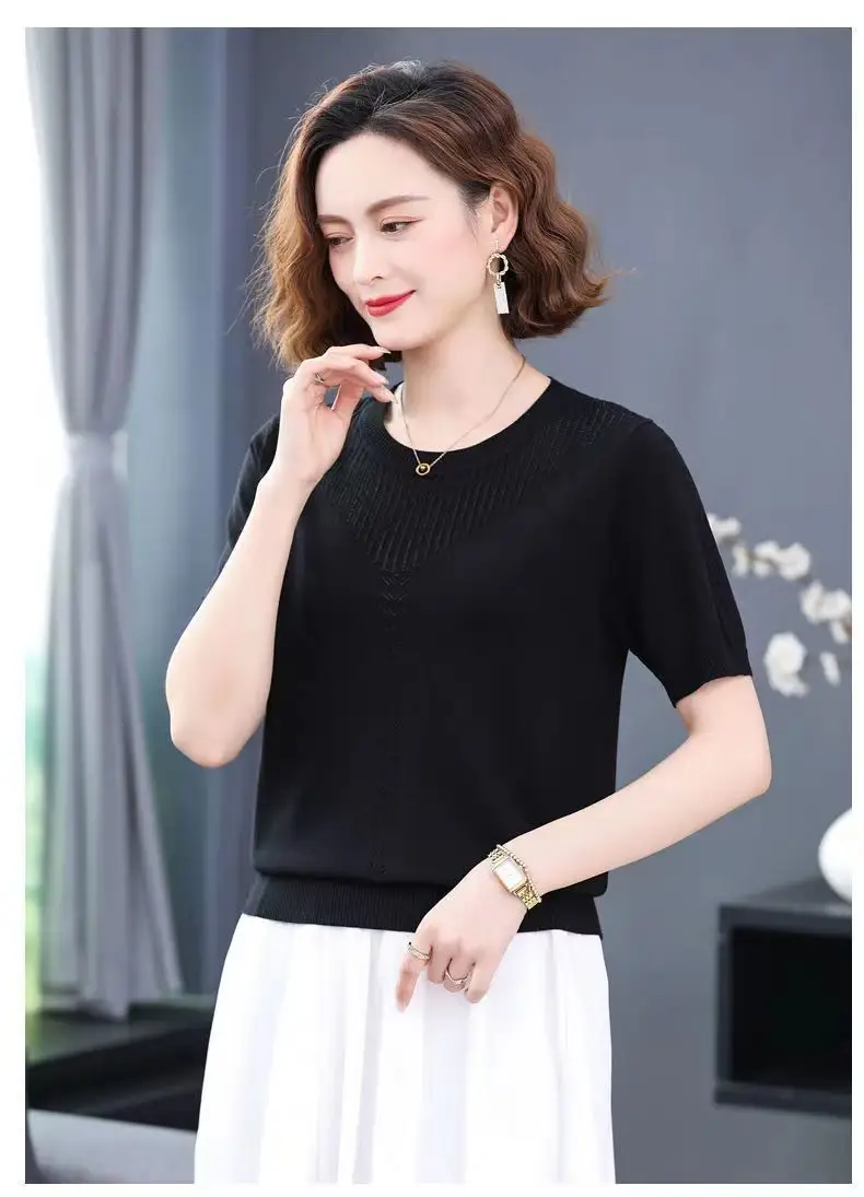 Women Summer Hollow Ice Silk T-Shirt Blue Round Neck — feature 22
