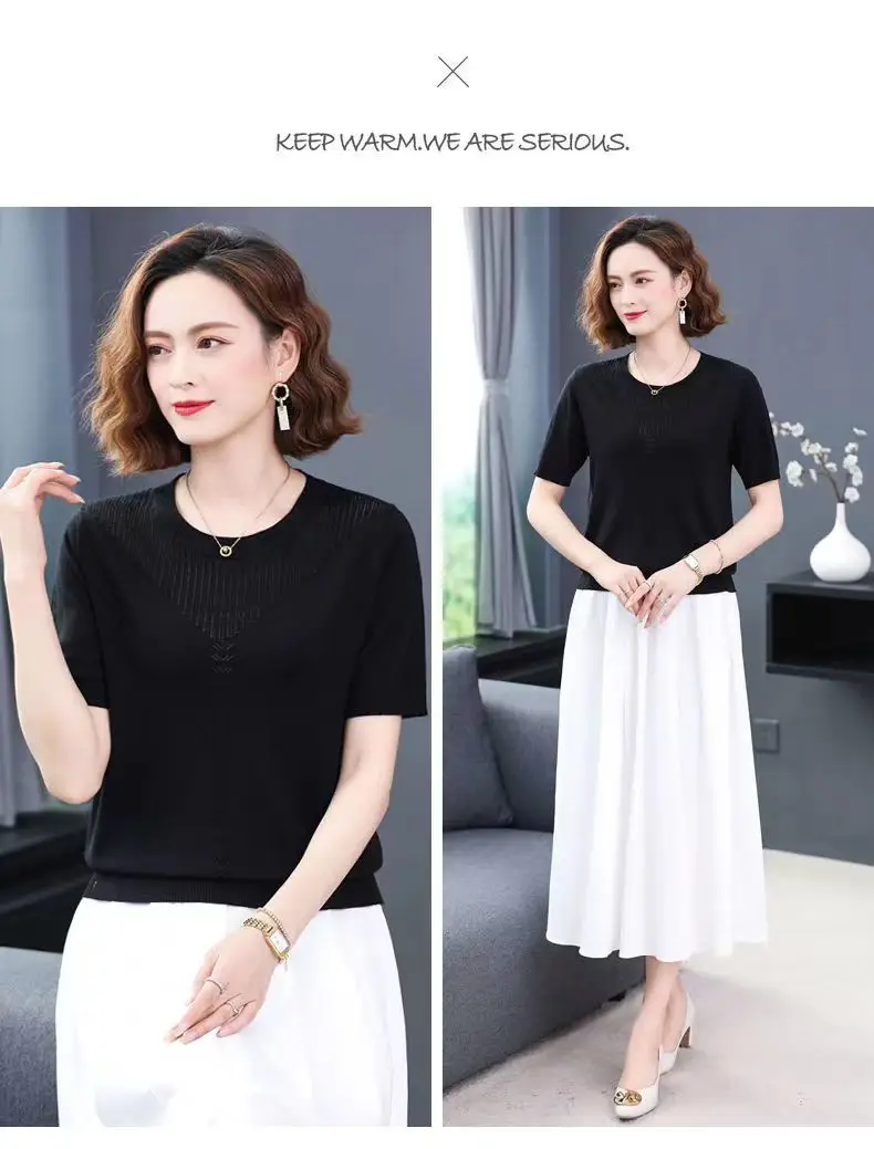 Women Summer Hollow Ice Silk T-Shirt Blue Round Neck — feature 23