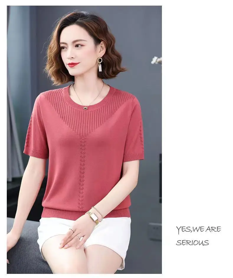 Women Summer Hollow Ice Silk T-Shirt Blue Round Neck — feature 24