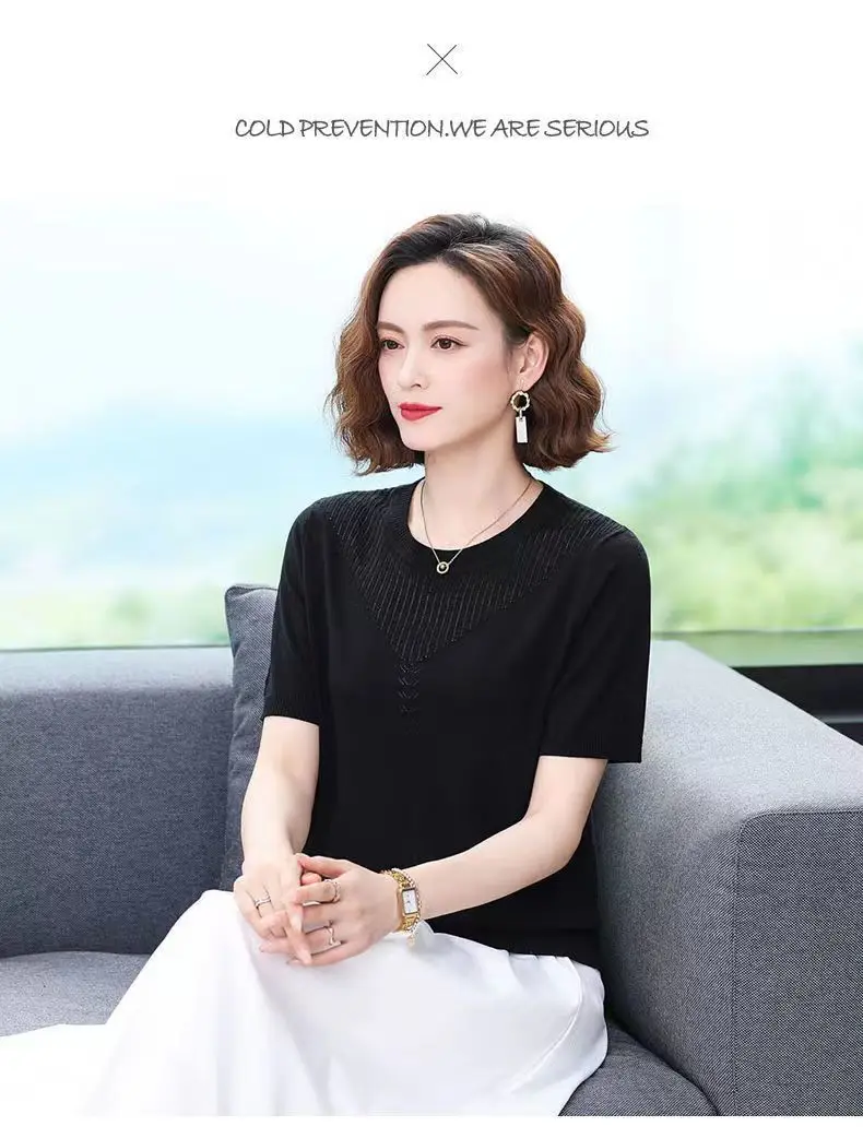 Women Summer Hollow Ice Silk T-Shirt Blue Round Neck — feature 25