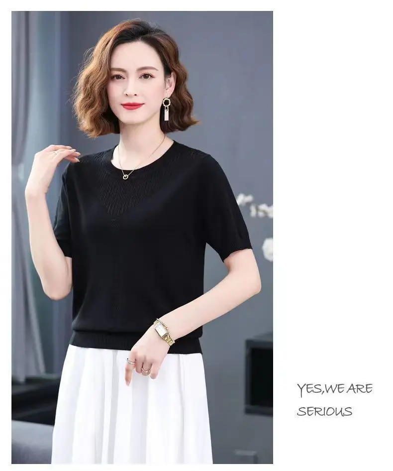 Women Summer Hollow Ice Silk T-Shirt Blue Round Neck — feature 26