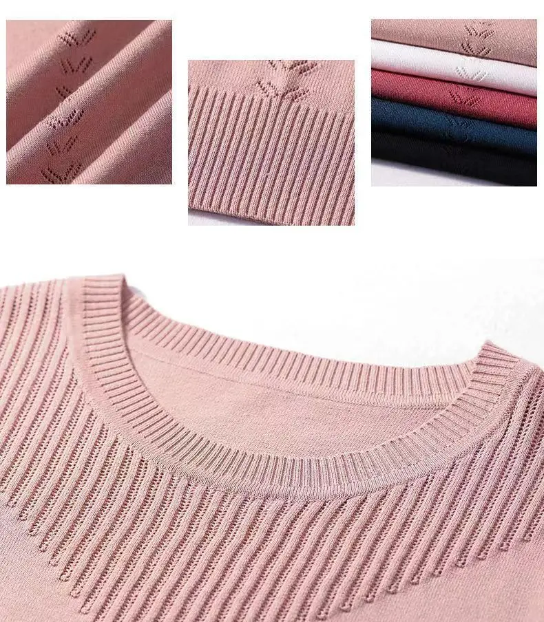 Women Summer Hollow Ice Silk T-Shirt Blue Round Neck — feature 28