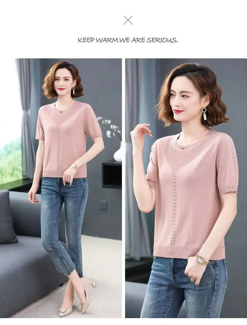 Women Summer Hollow Ice Silk T-Shirt Blue Round Neck — feature 7