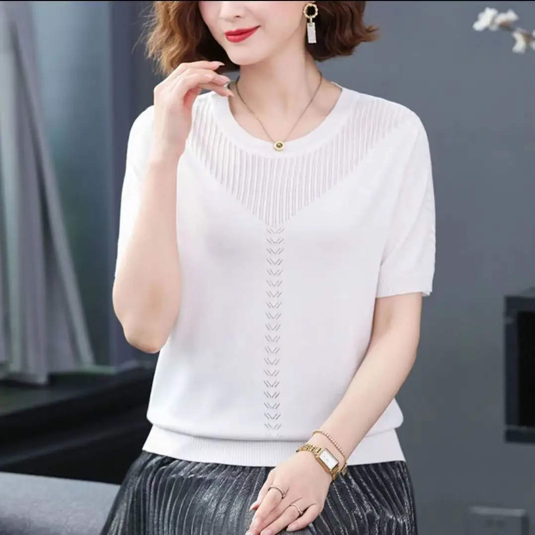 Women Summer Hollow Ice Silk T-Shirt Blue Round Neck - Image 2