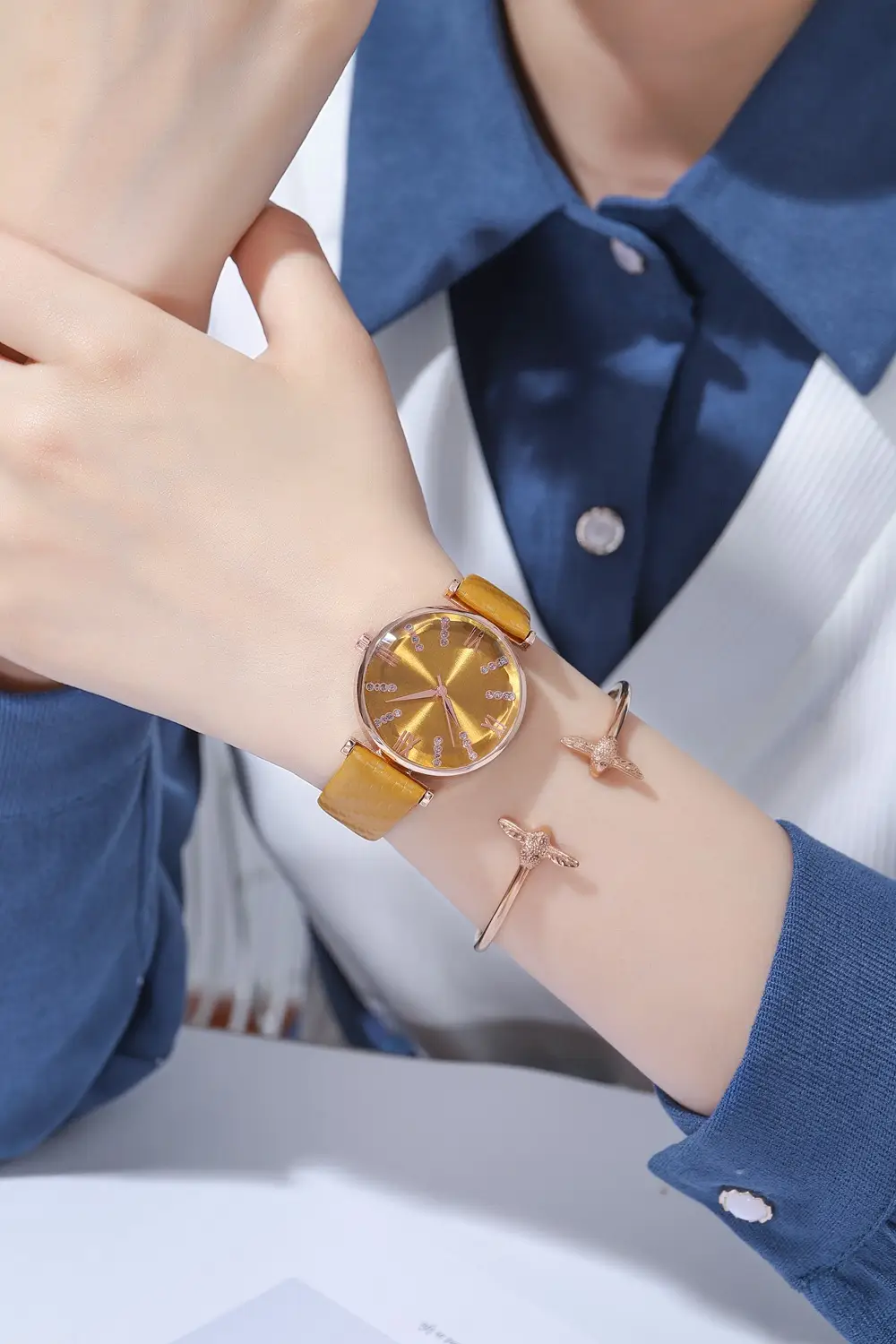 Women's Rose Gold Roman Dial Watch with Beige Strap — feature 11