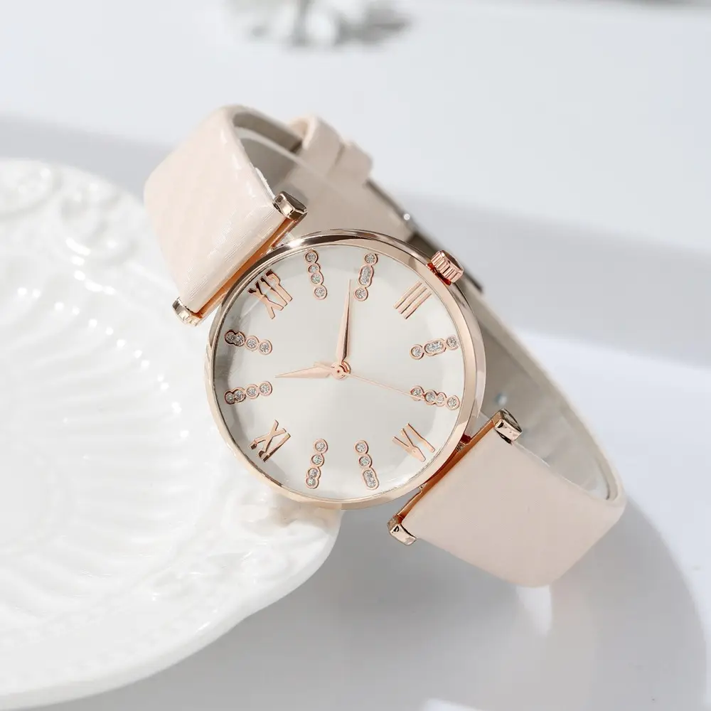 Women's Rose Gold Roman Dial Watch with Beige Strap — feature 13