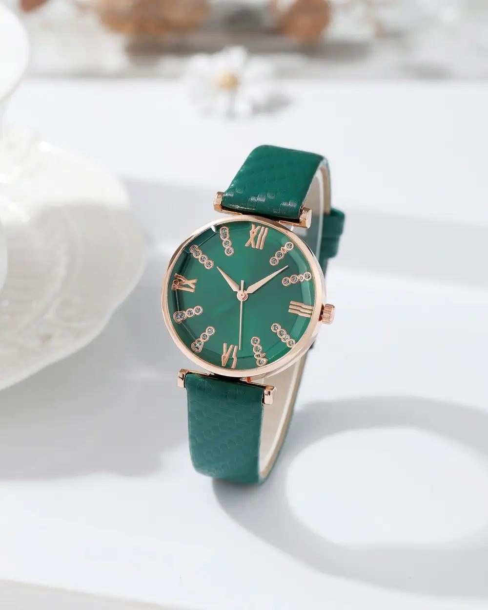 Women's Rose Gold Roman Dial Watch with Beige Strap — feature 2