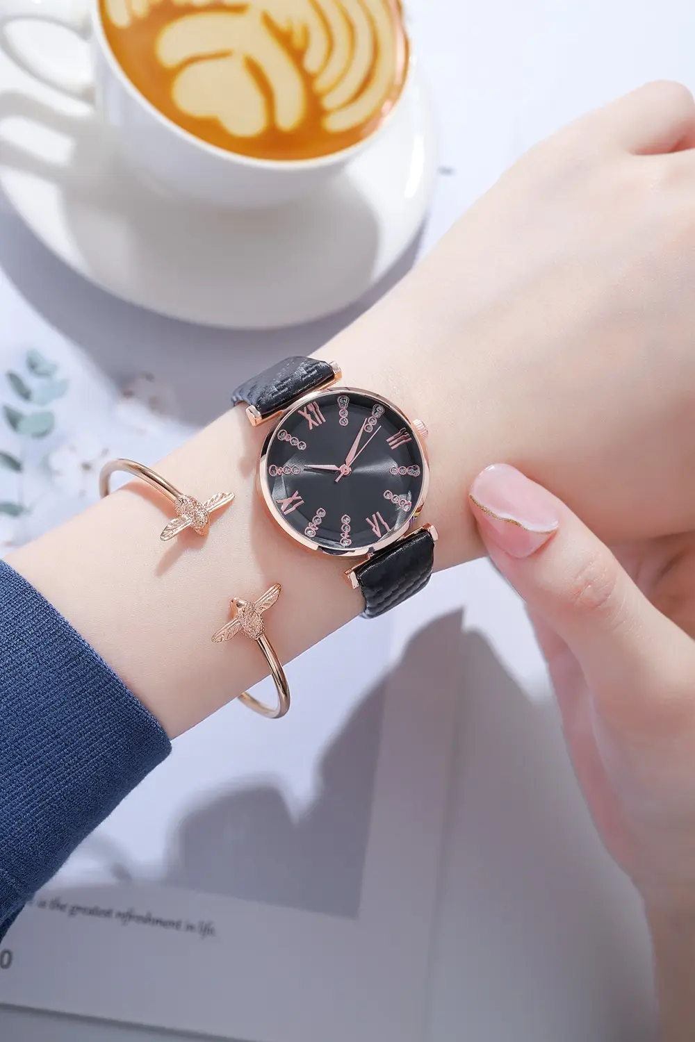 Women's Rose Gold Roman Dial Watch with Beige Strap — feature 8