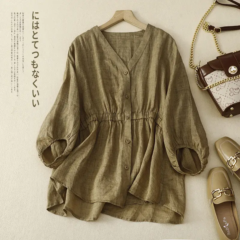 Women V-Neck Linen Shirt Black Slimming Loose Fit - Image 3