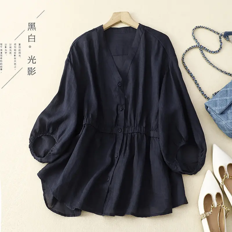Women V-Neck Linen Shirt Black Slimming Loose Fit - Image 2