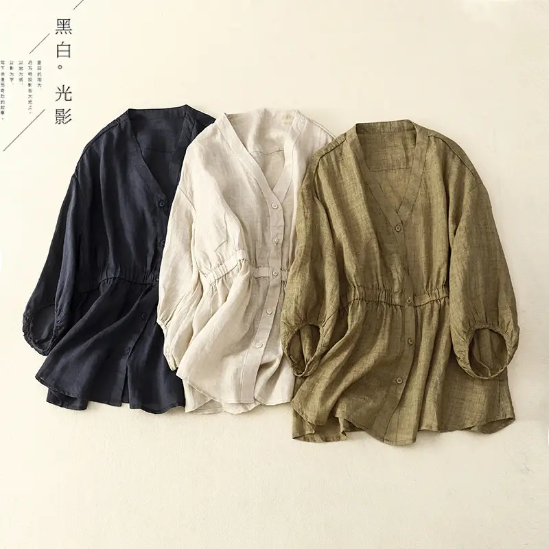 Women V-Neck Linen Shirt Black Slimming Loose Fit - Image 4
