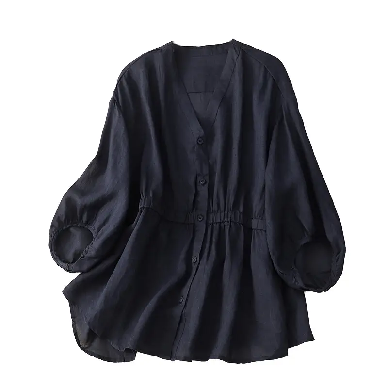 Women V-Neck Linen Shirt Black Slimming Loose Fit - Image 5