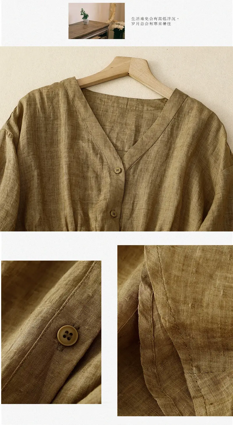 Women V-Neck Linen Shirt Black Slimming Loose Fit — feature 10