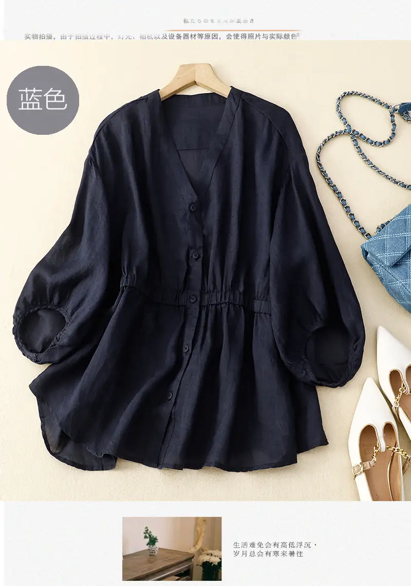 Women V-Neck Linen Shirt Black Slimming Loose Fit — feature 12