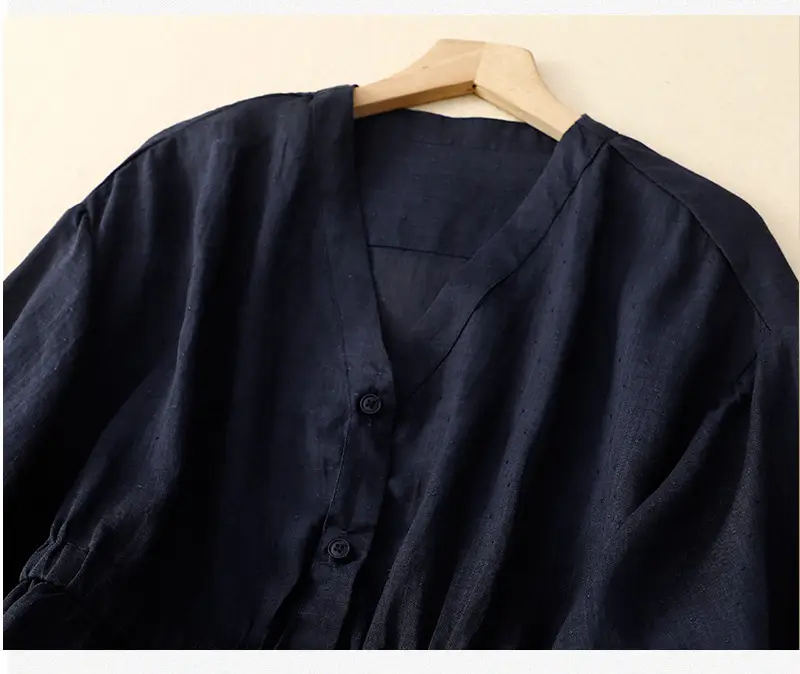 Women V-Neck Linen Shirt Black Slimming Loose Fit — feature 13