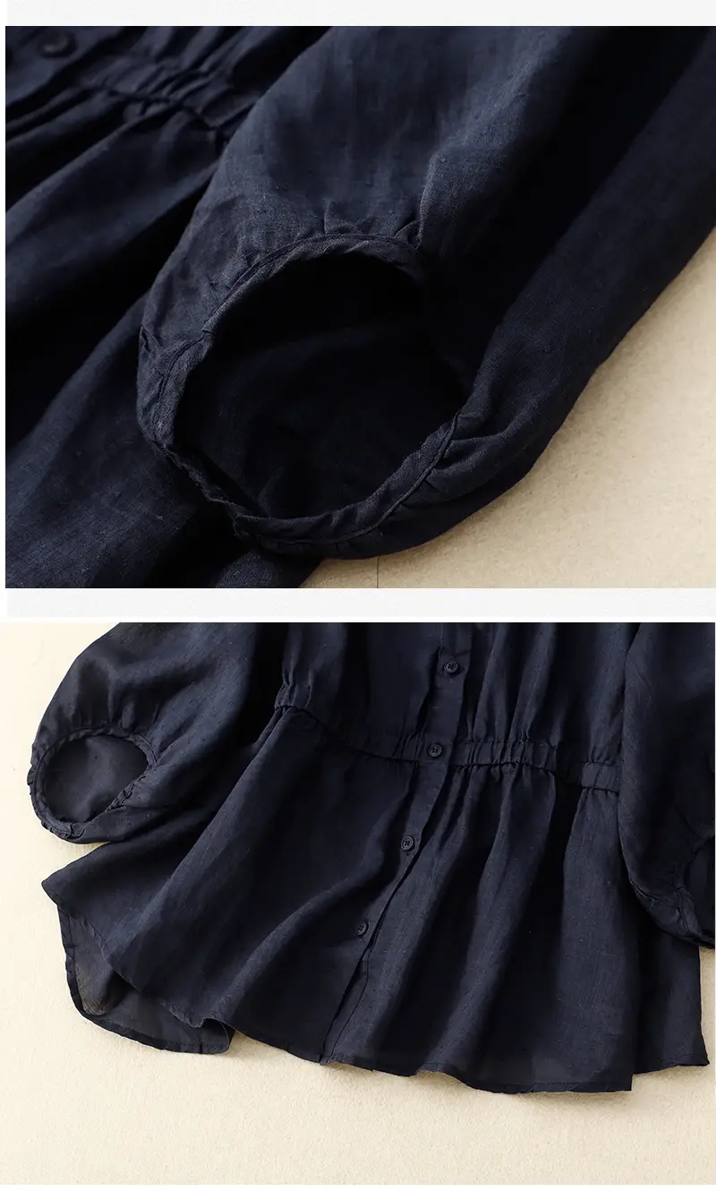 Women V-Neck Linen Shirt Black Slimming Loose Fit — feature 15