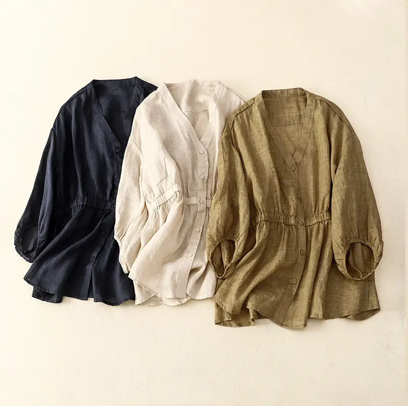 Women V-Neck Linen Shirt Black Slimming Loose Fit — feature 2