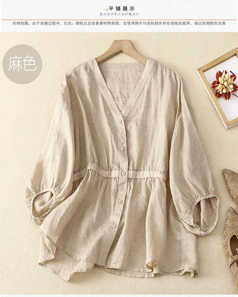 Women V-Neck Linen Shirt Black Slimming Loose Fit — feature 4
