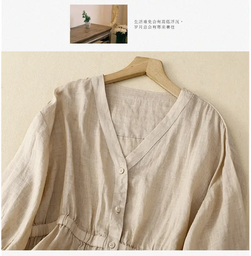 Women V-Neck Linen Shirt Black Slimming Loose Fit — feature 5