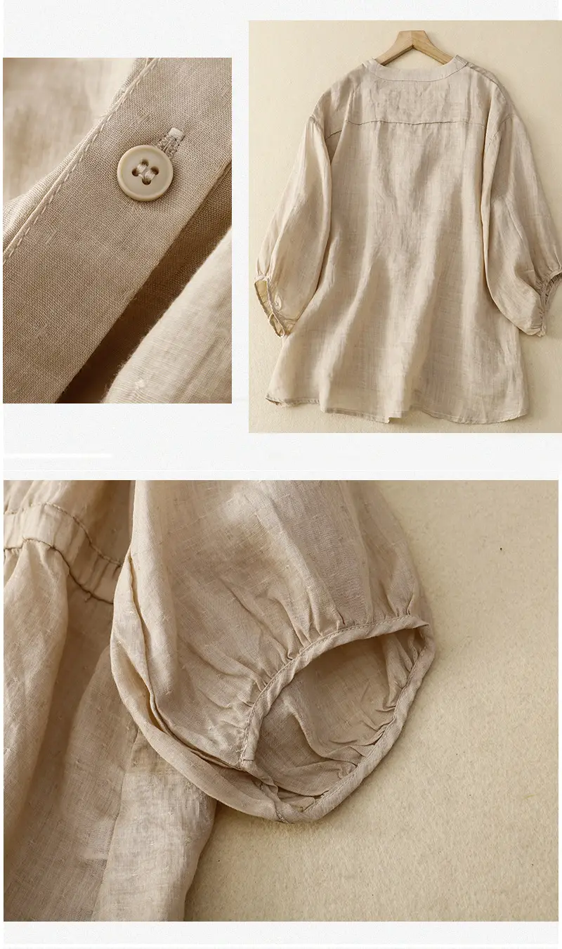 Women V-Neck Linen Shirt Black Slimming Loose Fit — feature 6
