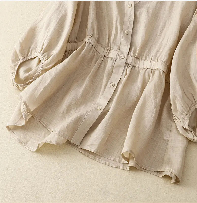 Women V-Neck Linen Shirt Black Slimming Loose Fit — feature 8