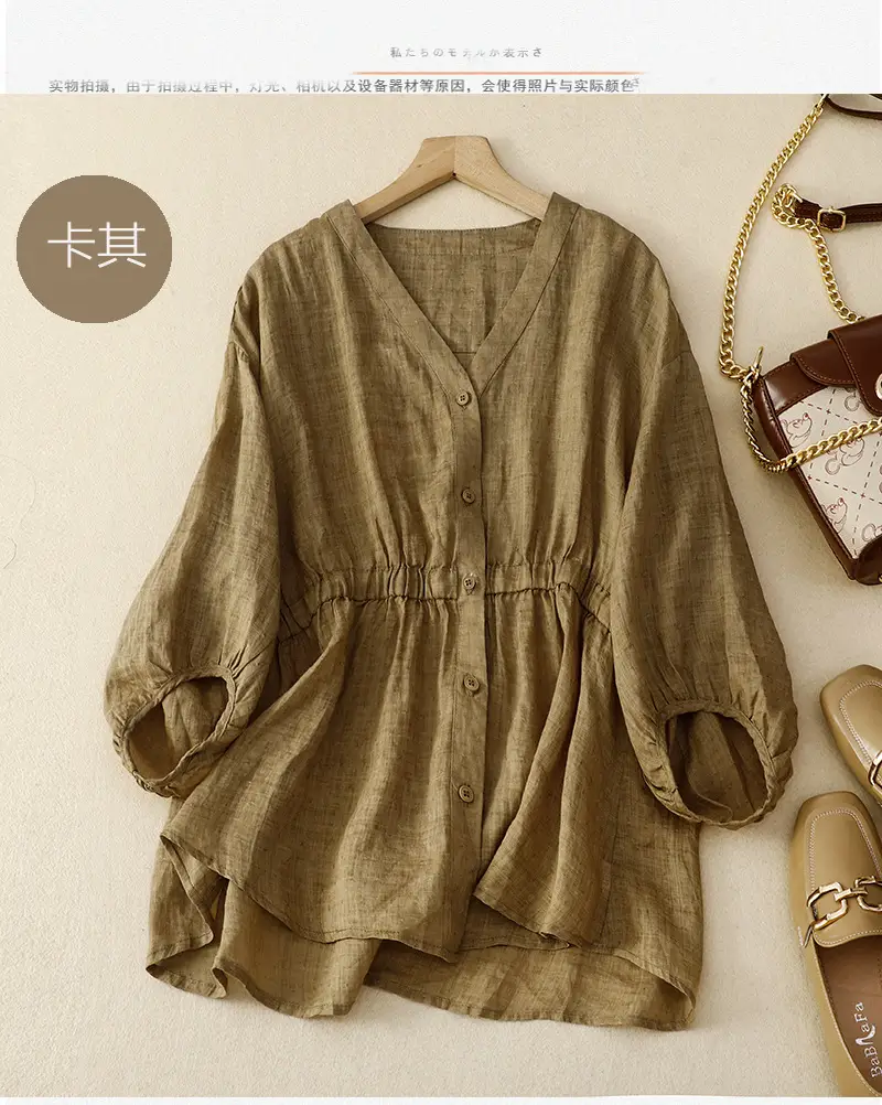 Women V-Neck Linen Shirt Black Slimming Loose Fit — feature 9