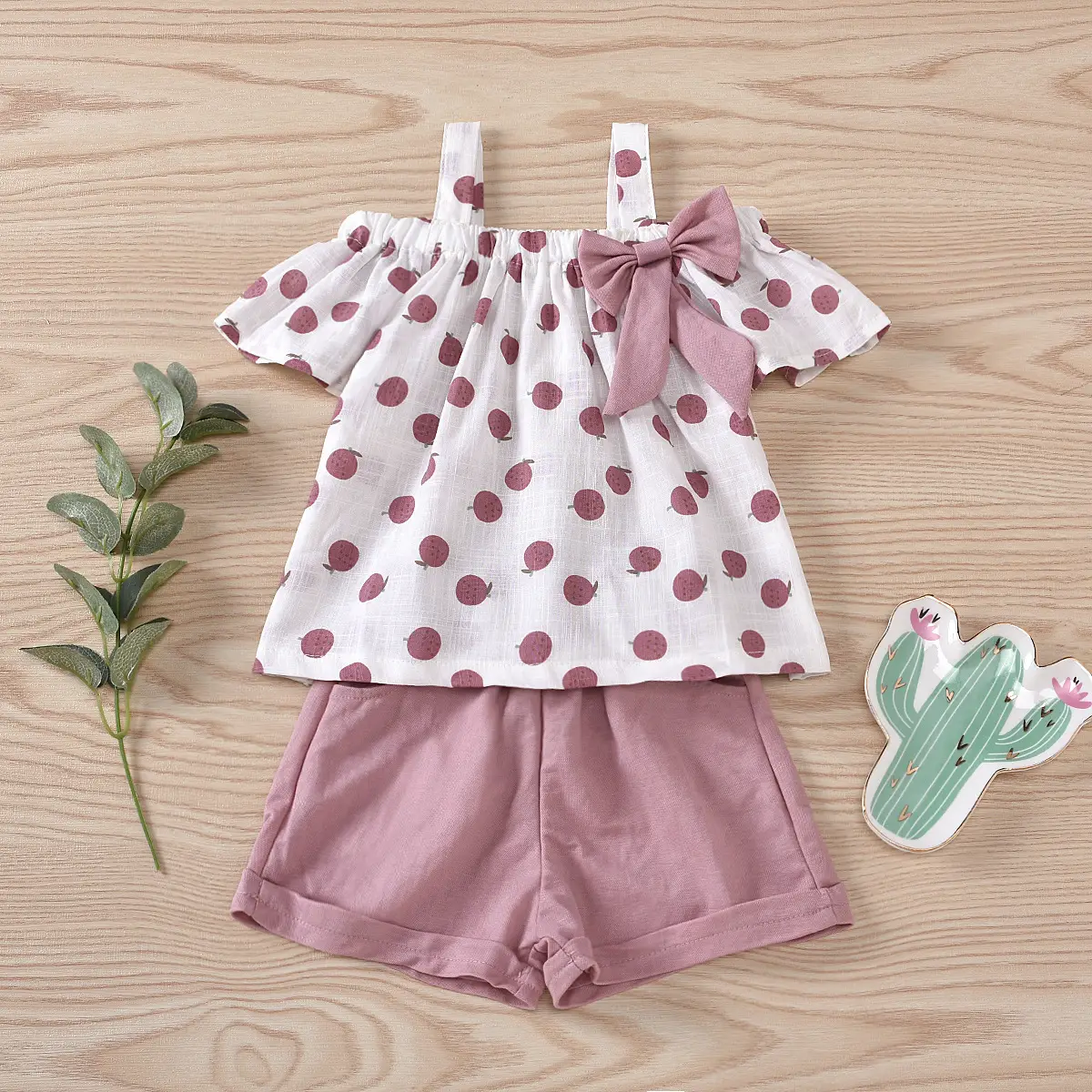Girls Polka Dot Bow Top Shorts Set Red White — feature 15