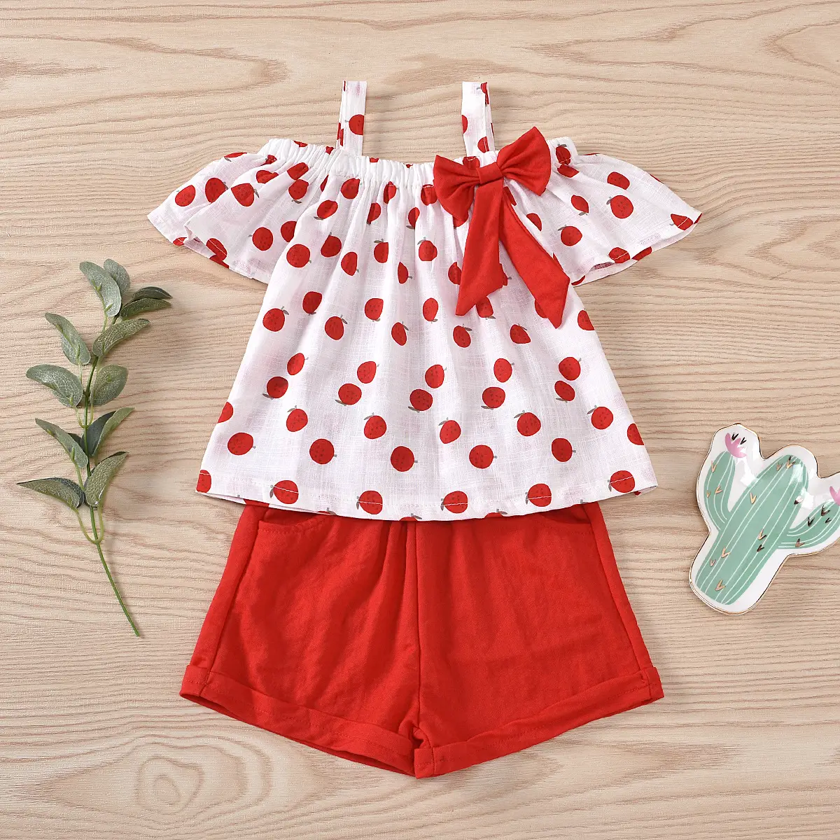 Girls Polka Dot Bow Top Shorts Set Red White — feature 8