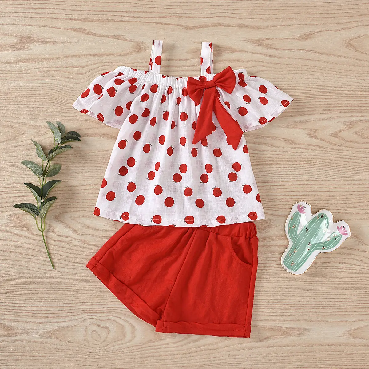 Girls Polka Dot Bow Top Shorts Set Red White - Image 3