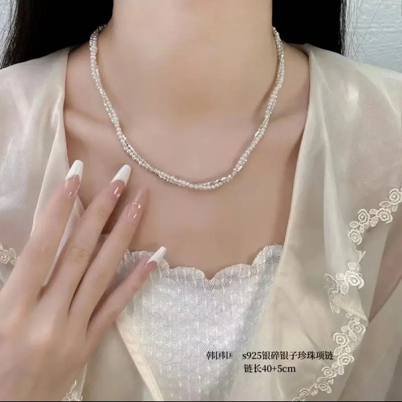 Double Layer Pearl Shattered Silver Necklace Women - Image 5