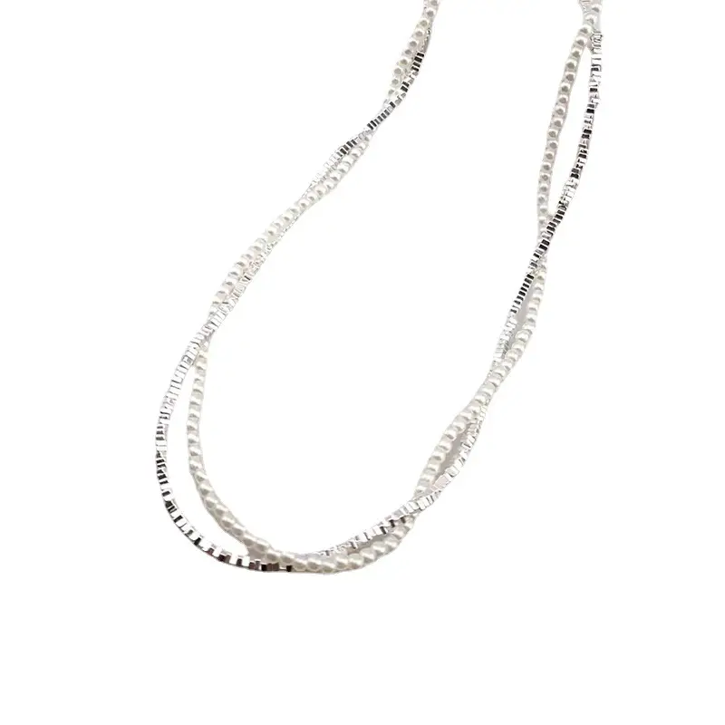 Double Layer Pearl Shattered Silver Necklace Women - Image 7