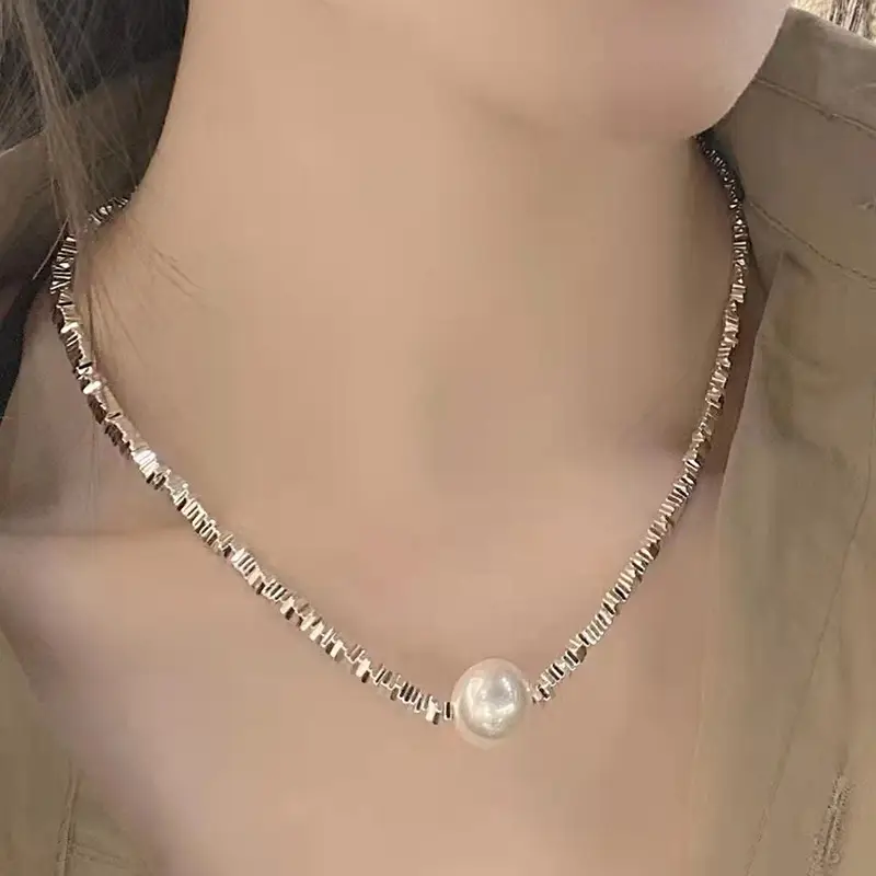 Double Layer Pearl Shattered Silver Necklace Women - Image 3