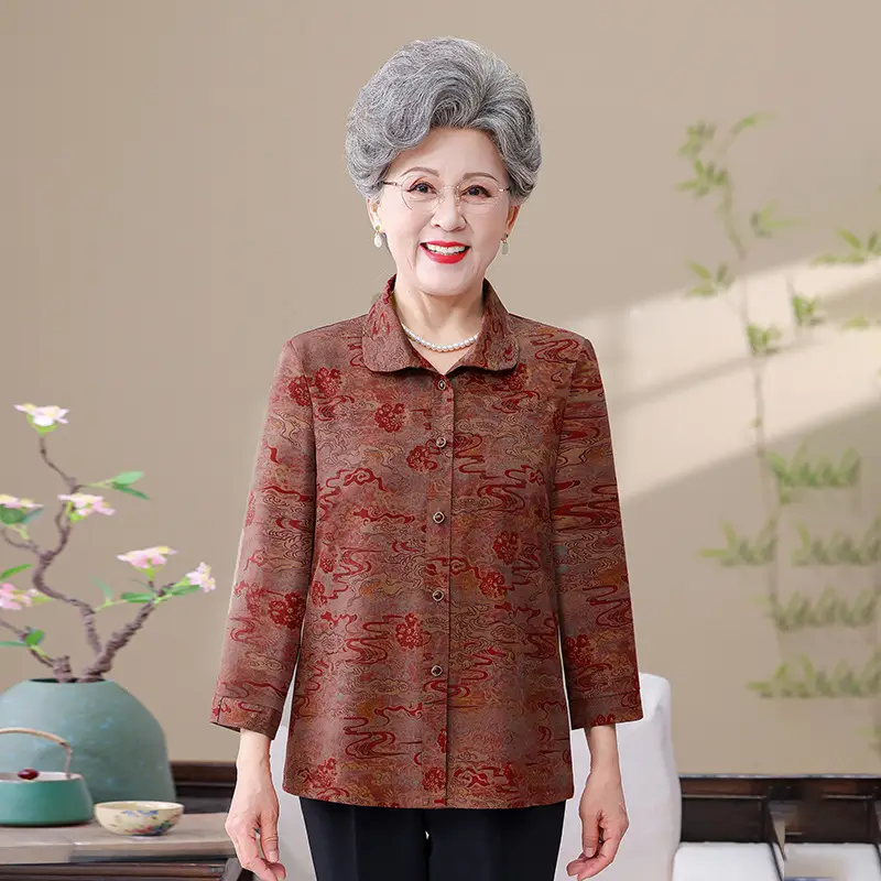 Grandma's 70yo Long-Sleeved Printed Shirt Brown - Image 2