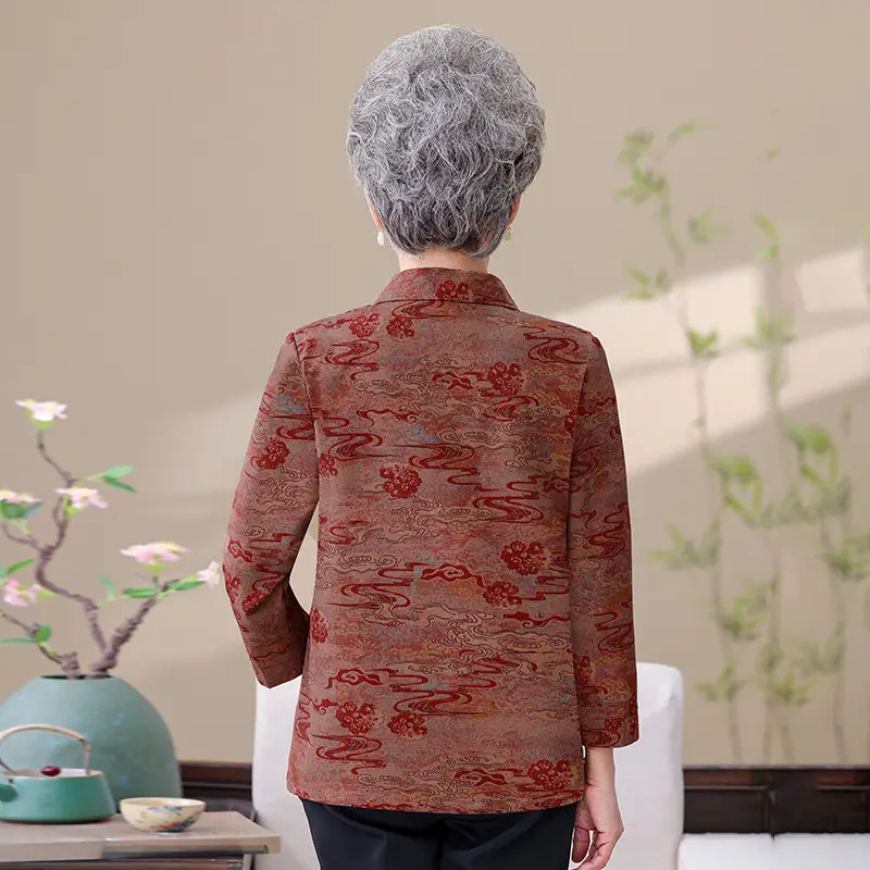 Grandma's 70yo Long-Sleeved Printed Shirt Brown - Image 3