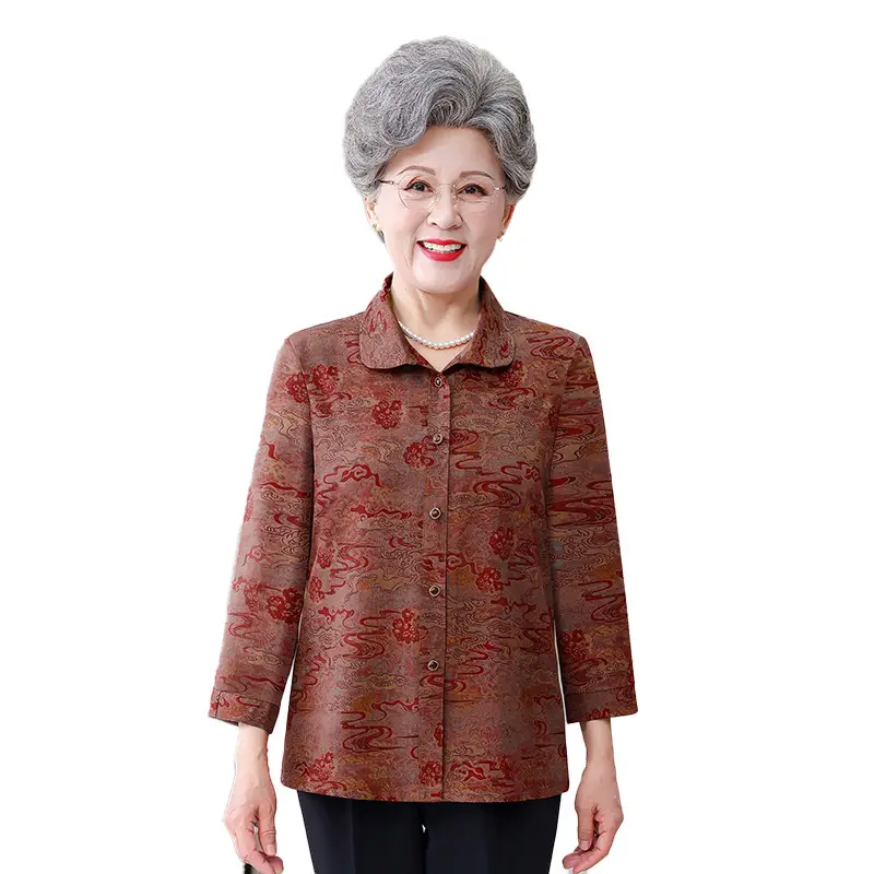Grandma's 70yo Long-Sleeved Printed Shirt Brown - Image 5