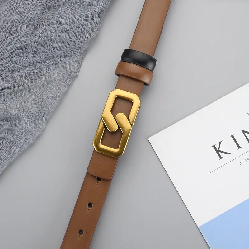 Women's Genuine Leather Belt with Gold Buckle Brown - Image 8