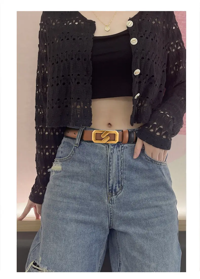 Women's Genuine Leather Belt with Gold Buckle Brown — feature 10