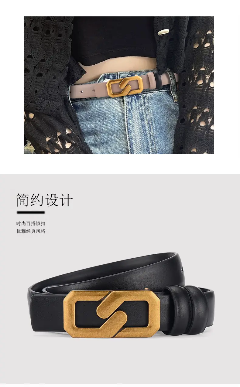 Women's Genuine Leather Belt with Gold Buckle Brown — feature 11