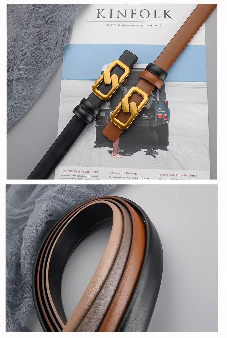 Women's Genuine Leather Belt with Gold Buckle Brown — feature 12