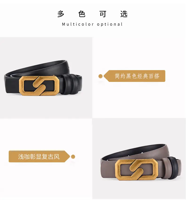 Women's Genuine Leather Belt with Gold Buckle Brown — feature 14