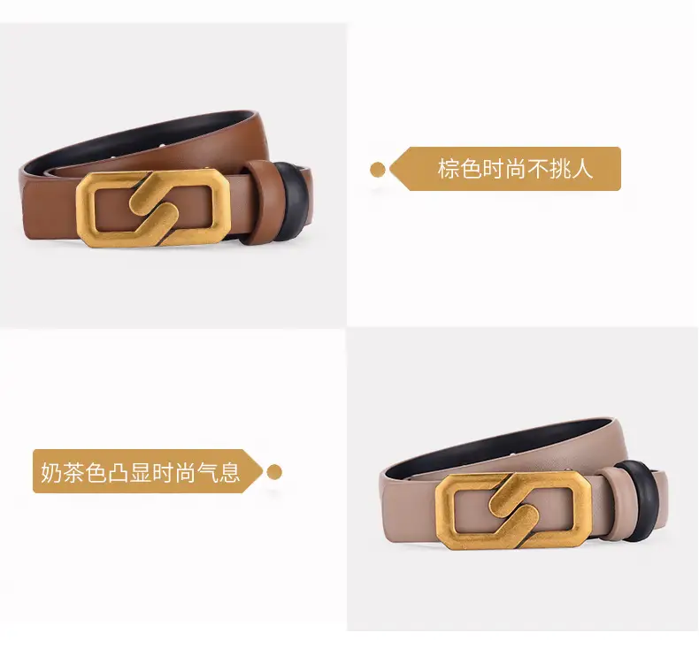 Women's Genuine Leather Belt with Gold Buckle Brown — feature 15