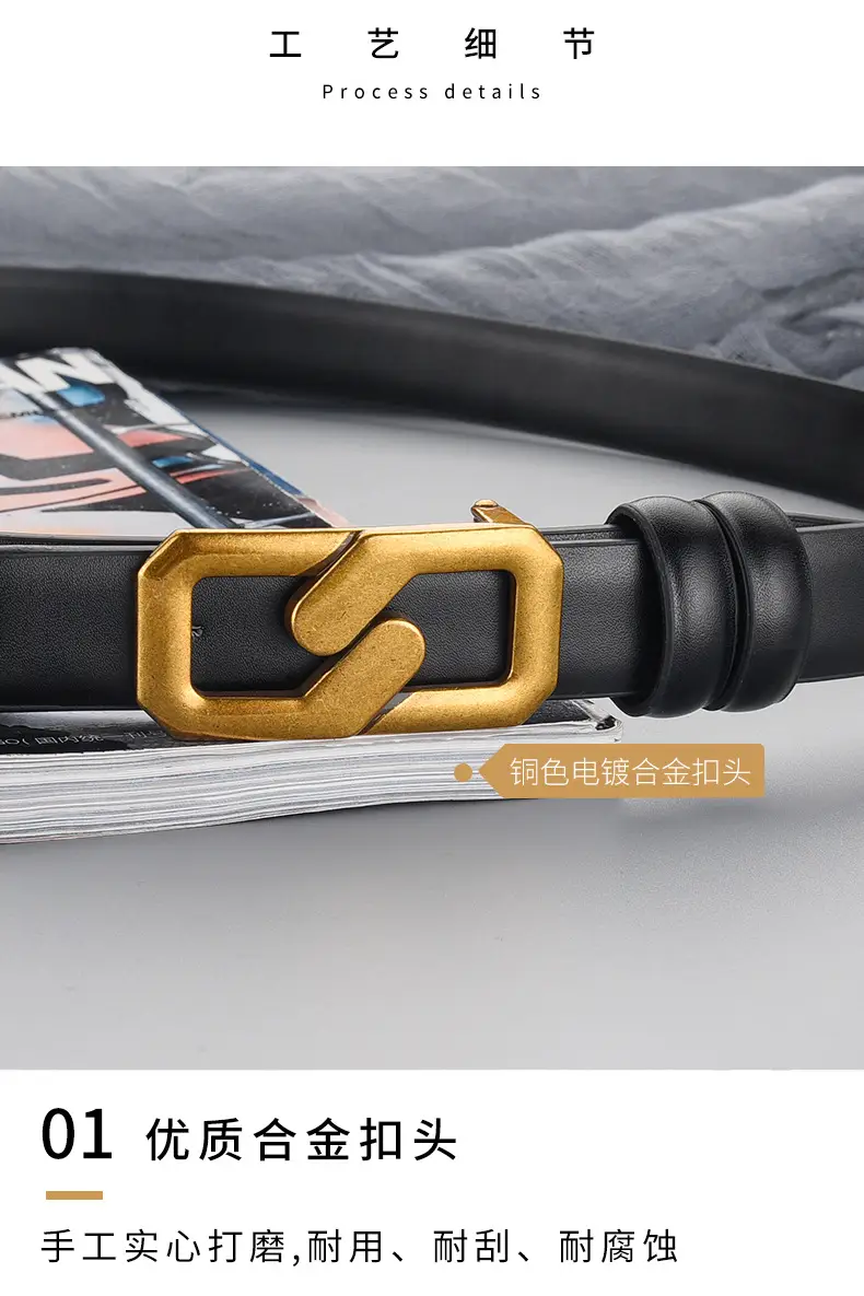 Women's Genuine Leather Belt with Gold Buckle Brown — feature 16
