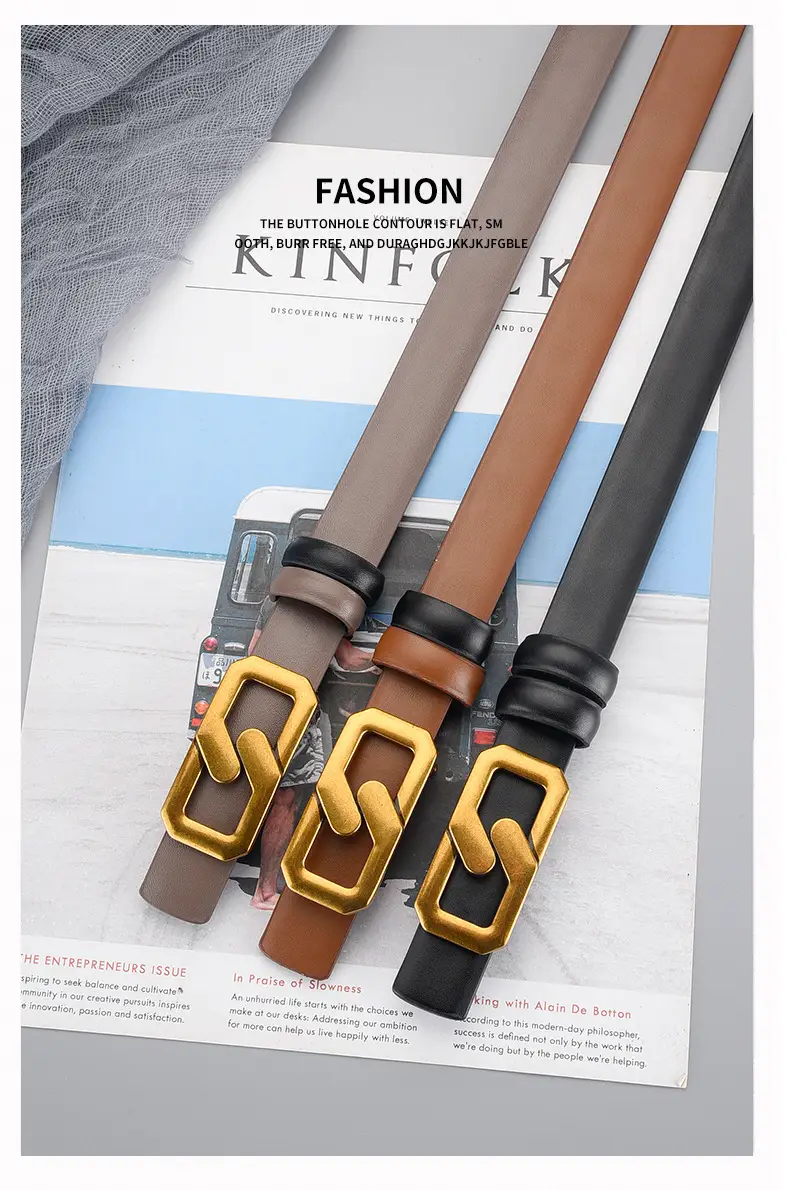 Women's Genuine Leather Belt with Gold Buckle Brown — feature 19