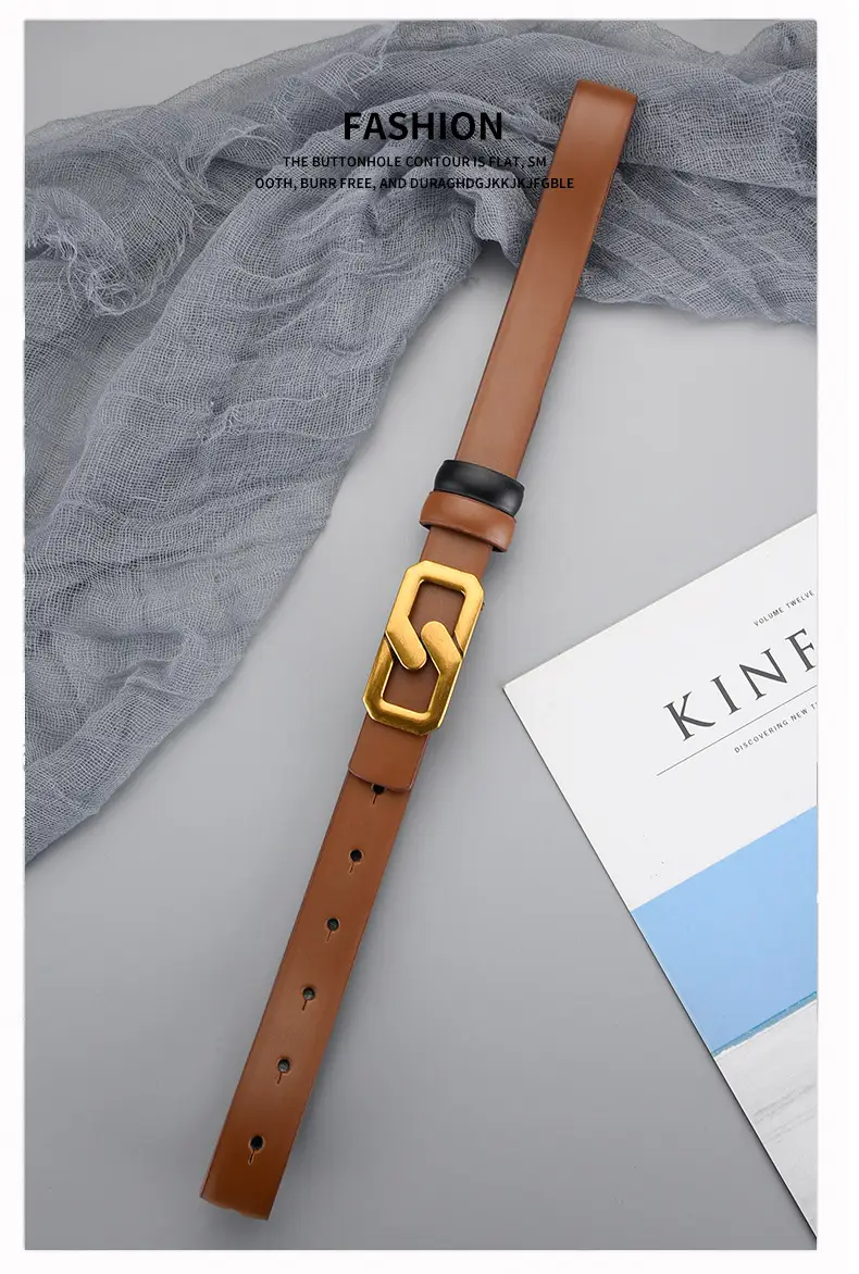Women's Genuine Leather Belt with Gold Buckle Brown — feature 21