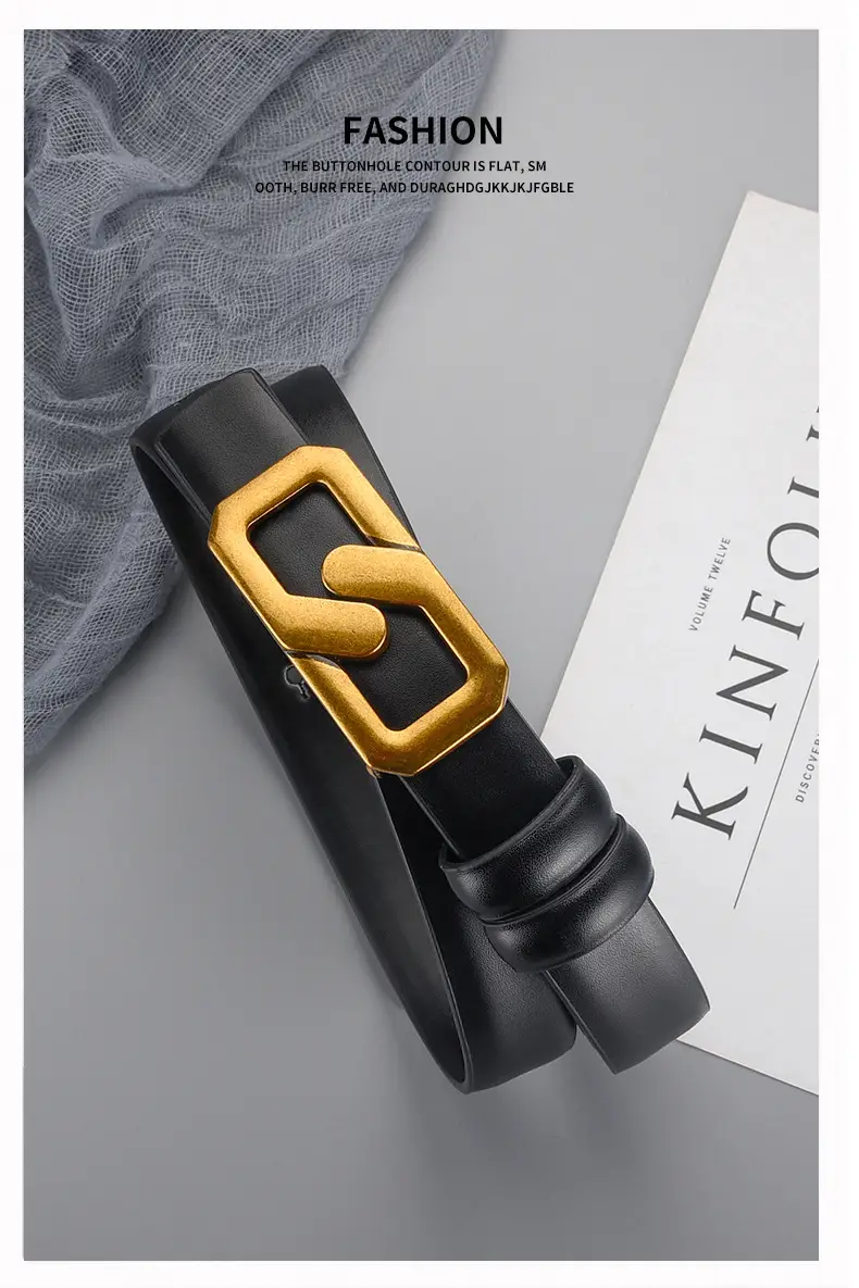 Women's Genuine Leather Belt with Gold Buckle Brown — feature 23