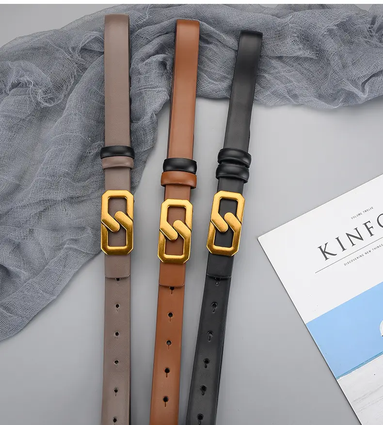 Women's Genuine Leather Belt with Gold Buckle Brown — feature 24
