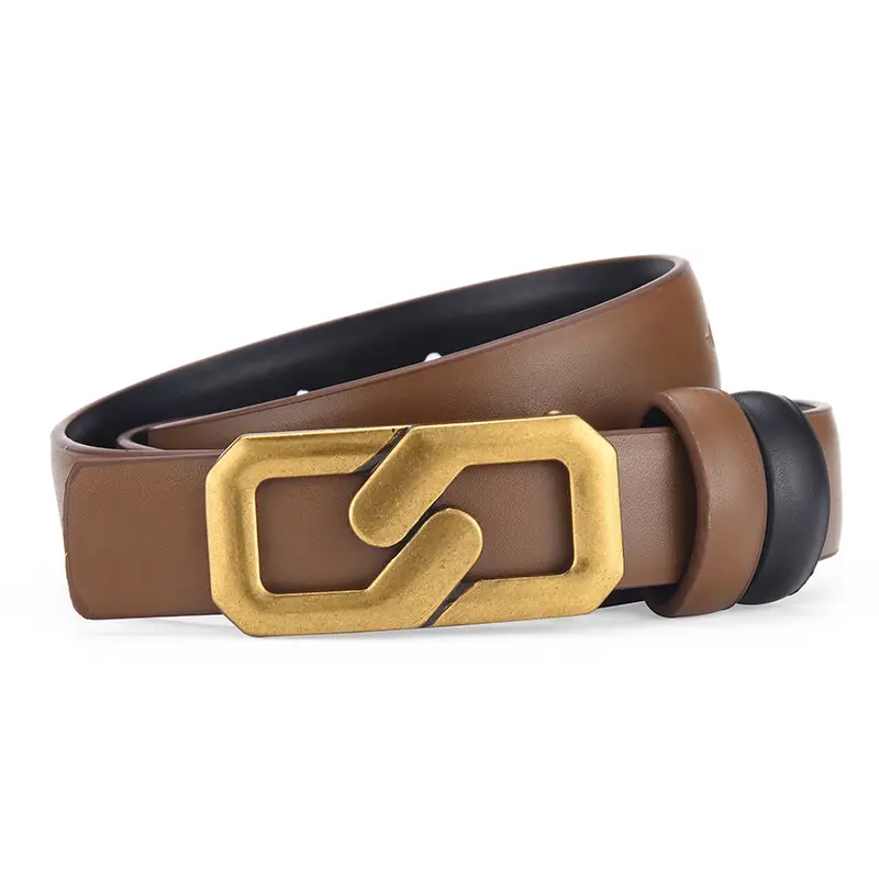 Women's Genuine Leather Belt with Gold Buckle Brown - Image 2