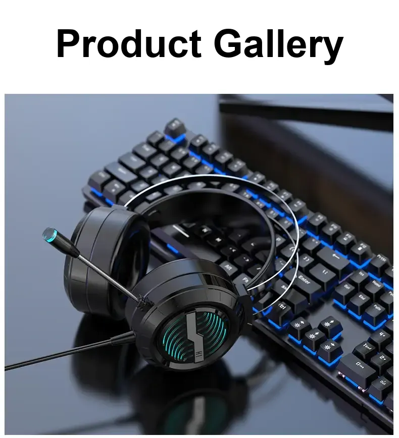 Black headset placed beside a gaming keyboard.