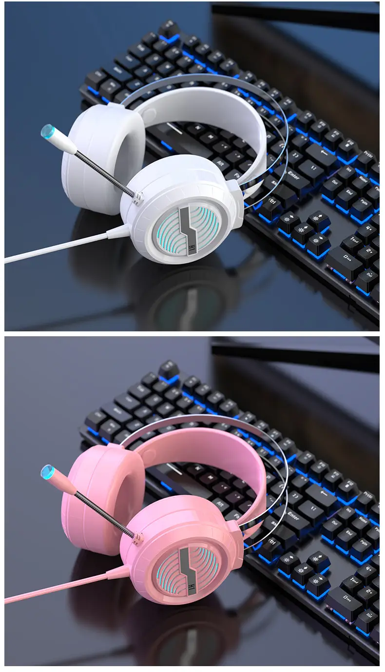 White and pink headset colour variants shown beside a keyboard.